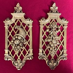 Pair of DART vintage shiny gold wall decor ornate made in USA mid century fruit